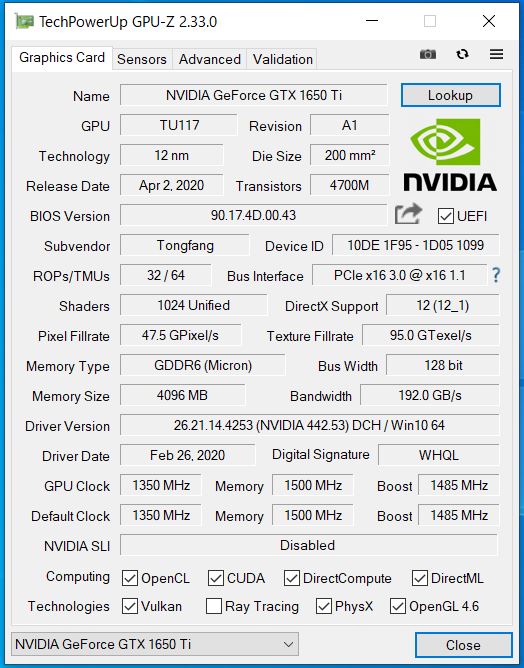 GALLERIA GCL1650TGF GPU-Z